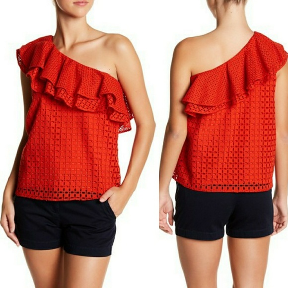 J. Crew Tops - J. Crew One-Shoulder Ruffle Eyelet Top Red NEW 6